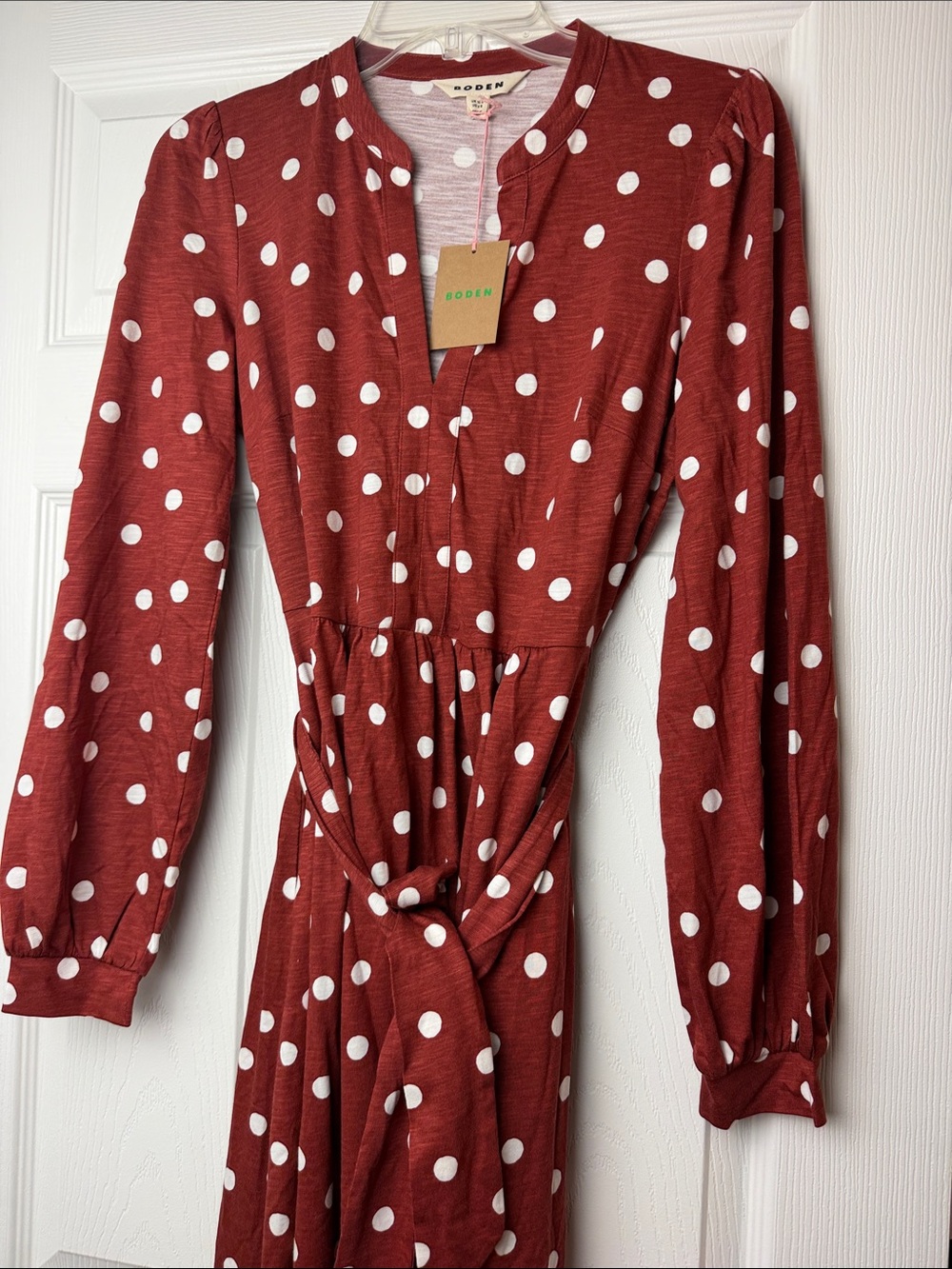 Boden Rust Red Polka Dot Long Sleeve Tie-Waist Midi Dress - Picture 2 of 15